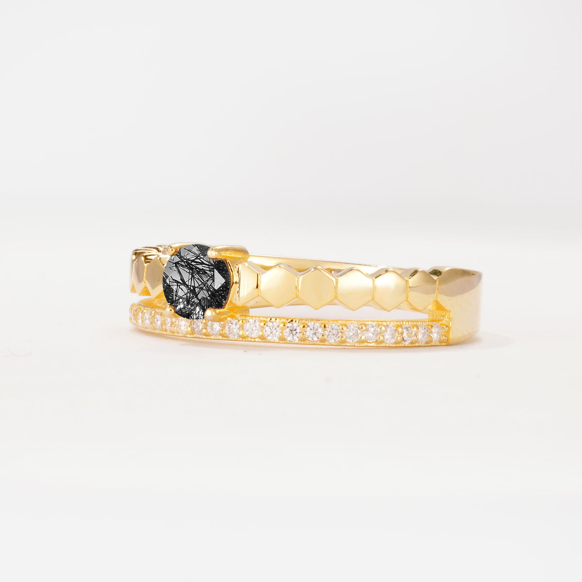 SR20086 Black Rutilated Quartz Ring - White-Gold