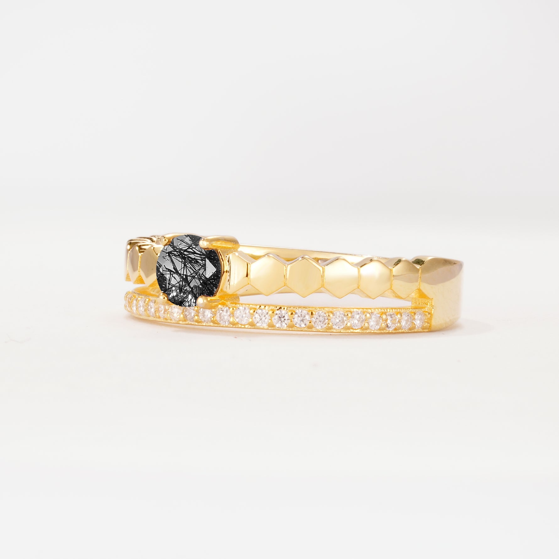 SR20086 Black Rutilated Quartz Ring - White-Gold