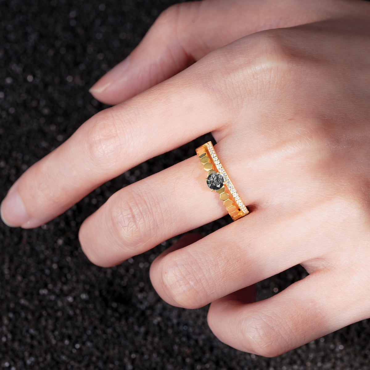 SR20086 Black Rutilated Quartz Ring - Rose-Gold