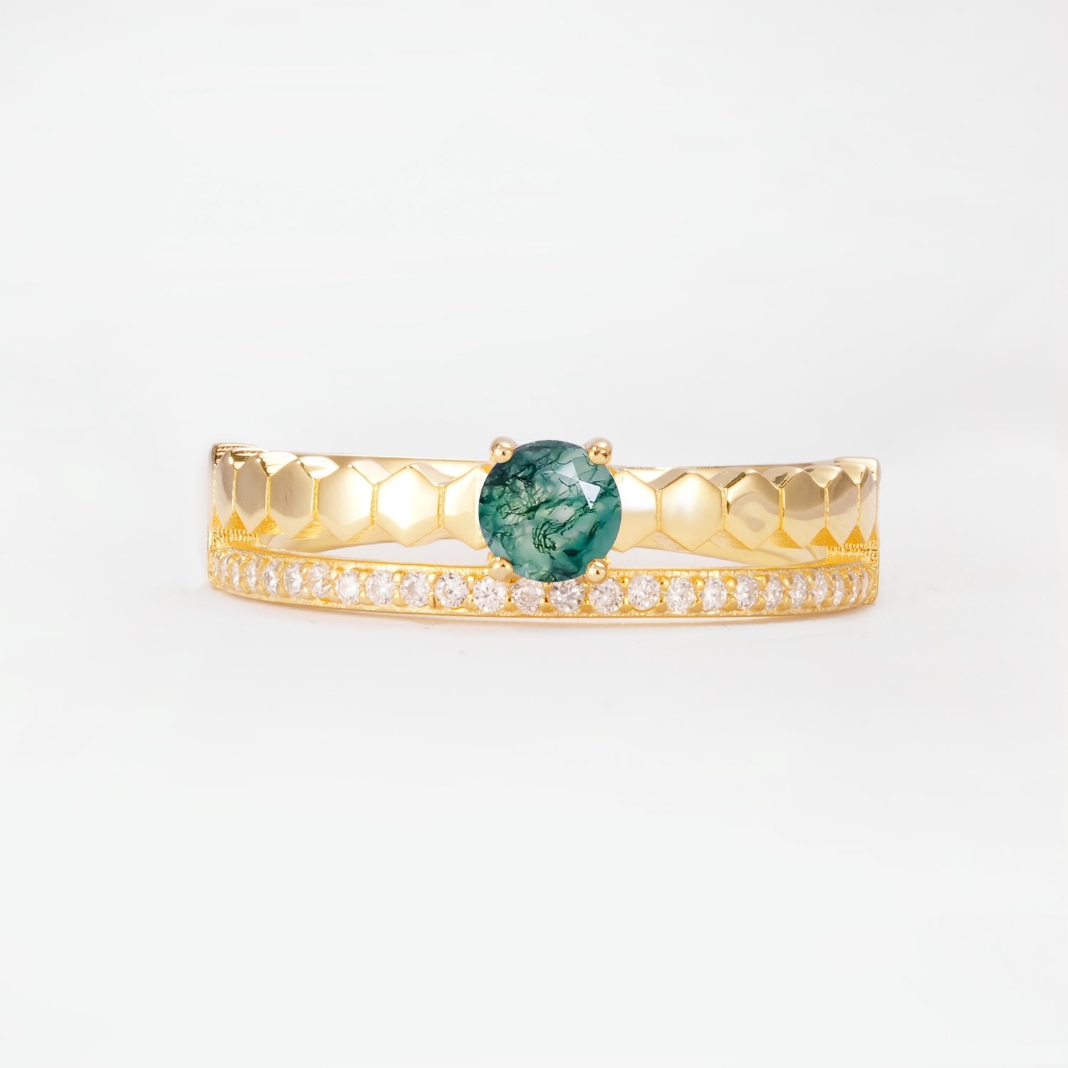 Classic Round-Cut Moss Agate Engagement Ring