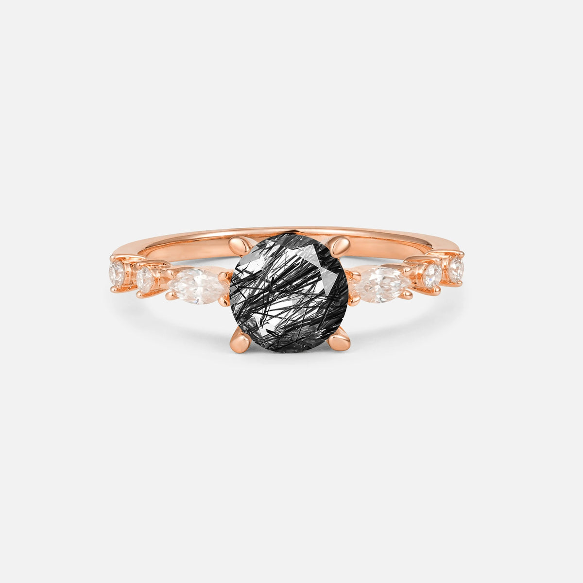 Round Cabochon Black Rutilated Quartz Engagement Ring with Marquise Side Stones - Additional view