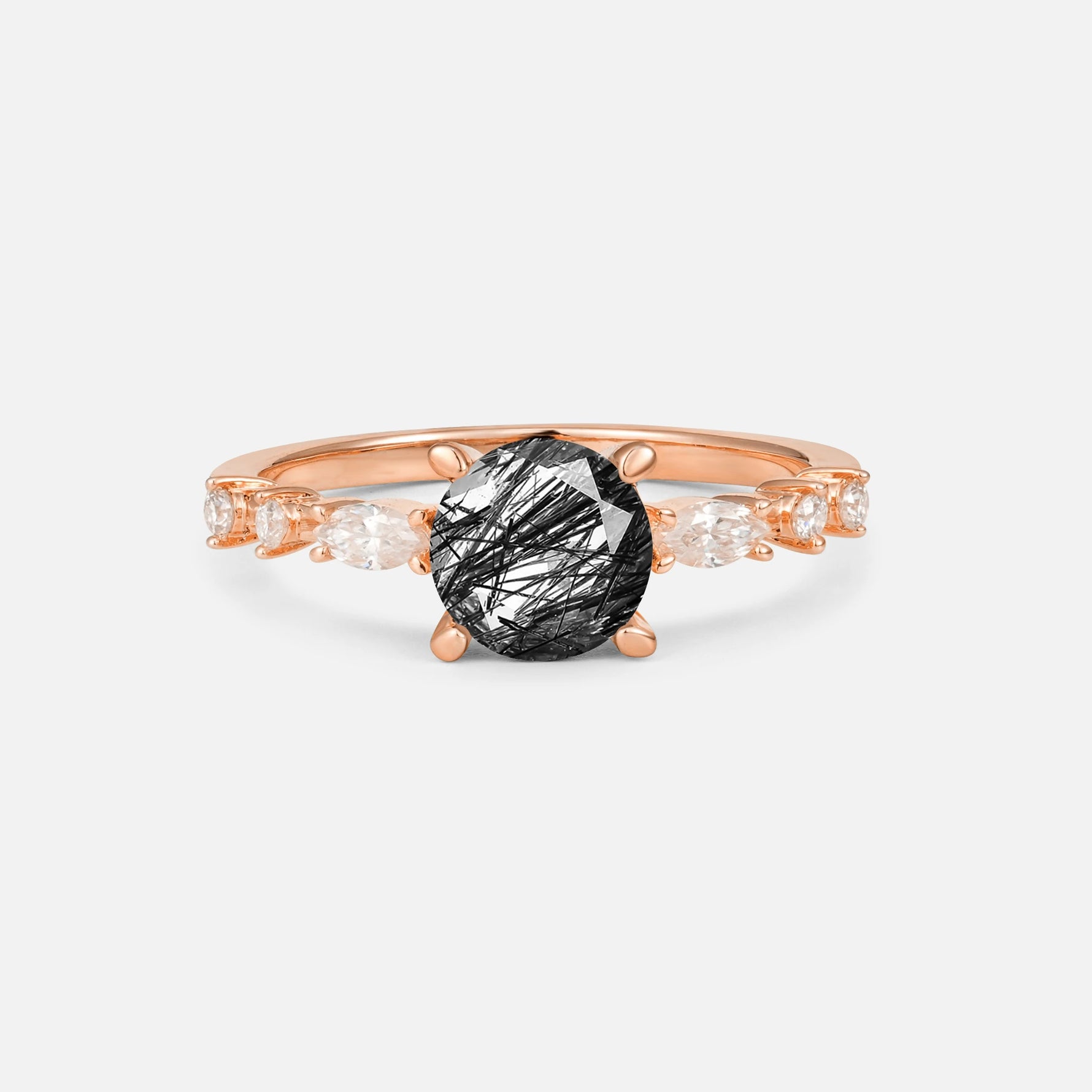 Round Cabochon Black Rutilated Quartz Engagement Ring with Marquise Side Stones - Additional view