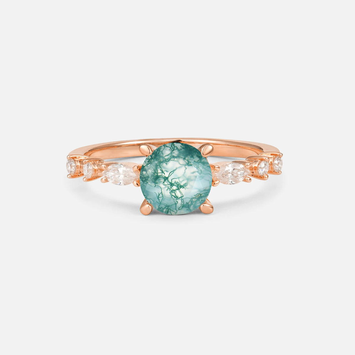 Round Cabochon Moss Agate Engagement Ring with Marquise Side Stones - Additional view