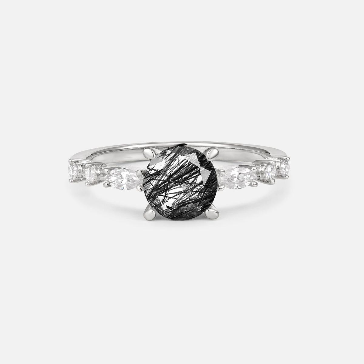 Round Cabochon Black Rutilated Quartz Engagement Ring with Marquise Side Stones - Additional view