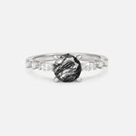 Round Cabochon Black Rutilated Quartz Engagement Ring with Marquise Side Stones - Additional view