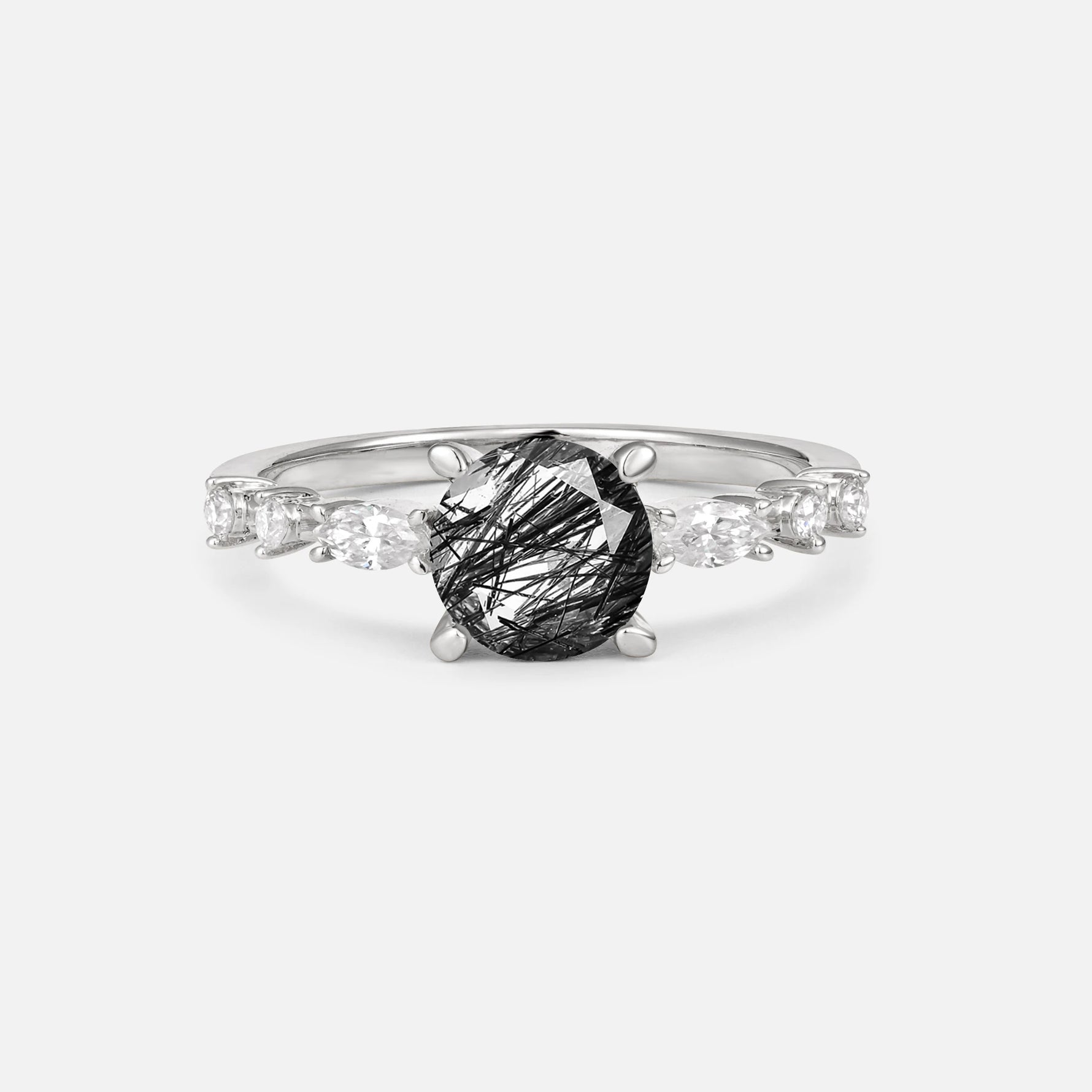 Round Cabochon Black Rutilated Quartz Engagement Ring with Marquise Side Stones - Additional view