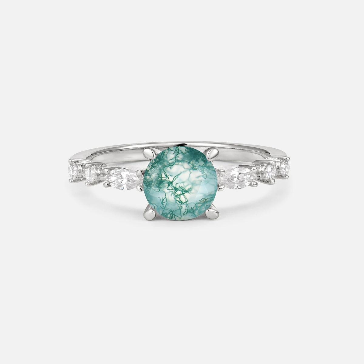 Round Cabochon Moss Agate Engagement Ring with Marquise Side Stones - Additional view