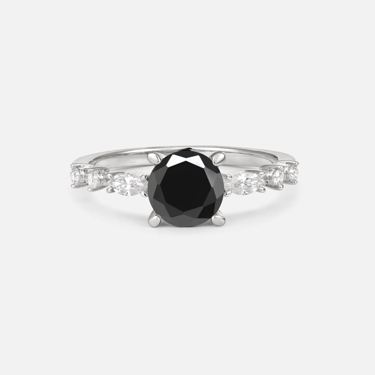 Round Cabochon Black Onyx Engagement Ring with Marquise Side Stones - Additional view
