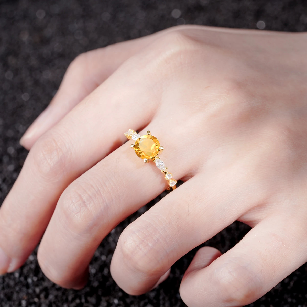 Round Cabochon Citrine Engagement Ring with Marquise Side Stones - Additional view