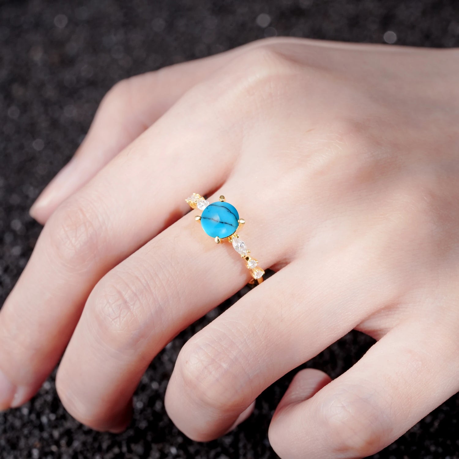 Round Cabochon Turquoise Engagement Ring with Marquise Side Stones - Additional view