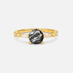 Round Cabochon Black Rutilated Quartz Engagement Ring with Marquise Side Stones - Additional view