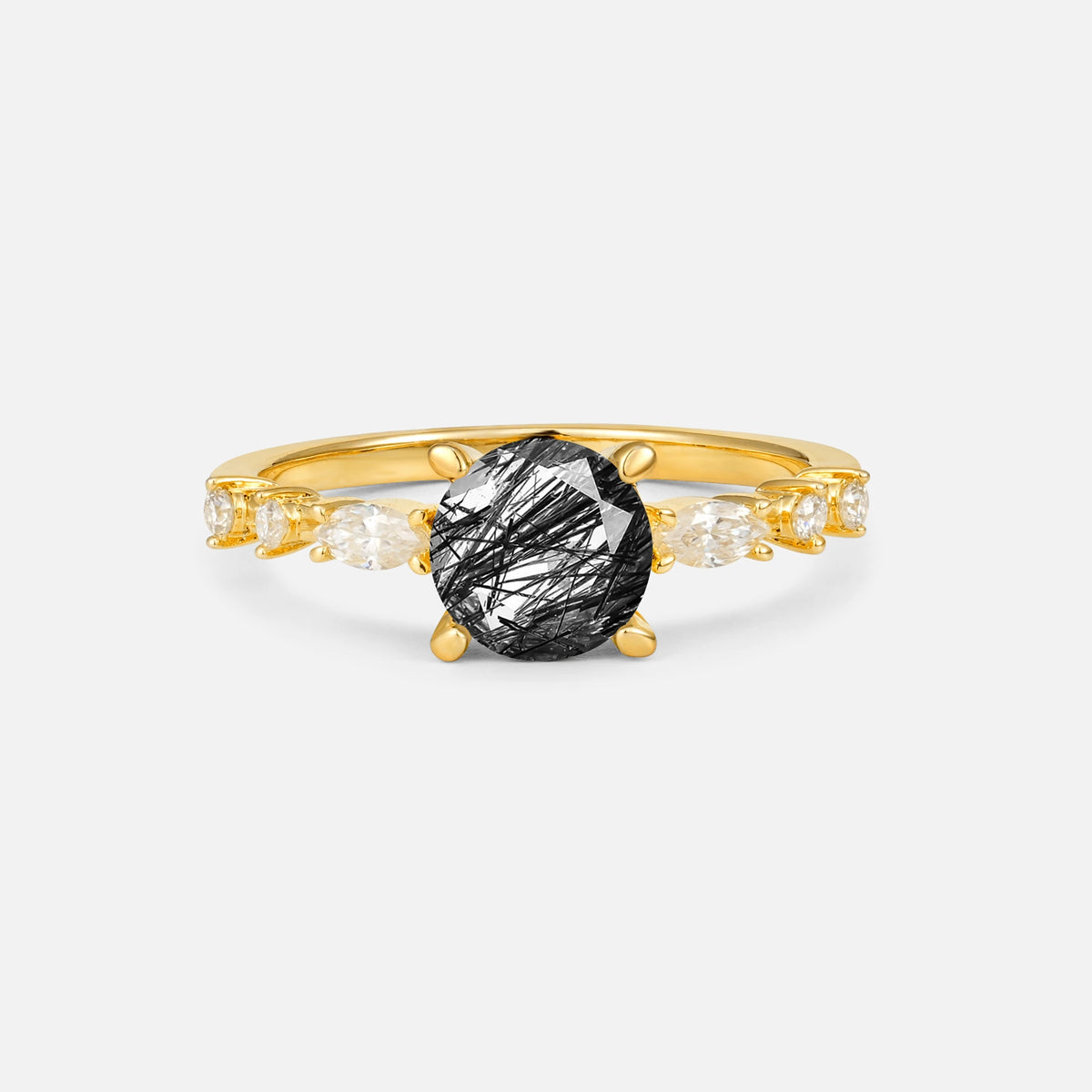 Round Cabochon Black Rutilated Quartz Engagement Ring with Marquise Side Stones - Additional view