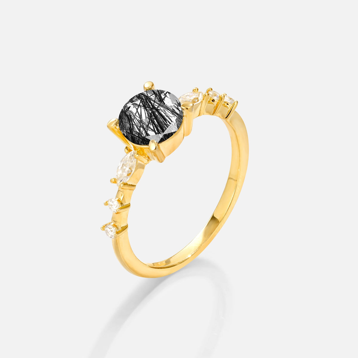 Round Cabochon Black Rutilated Quartz Engagement Ring with Marquise Side Stones - Additional view