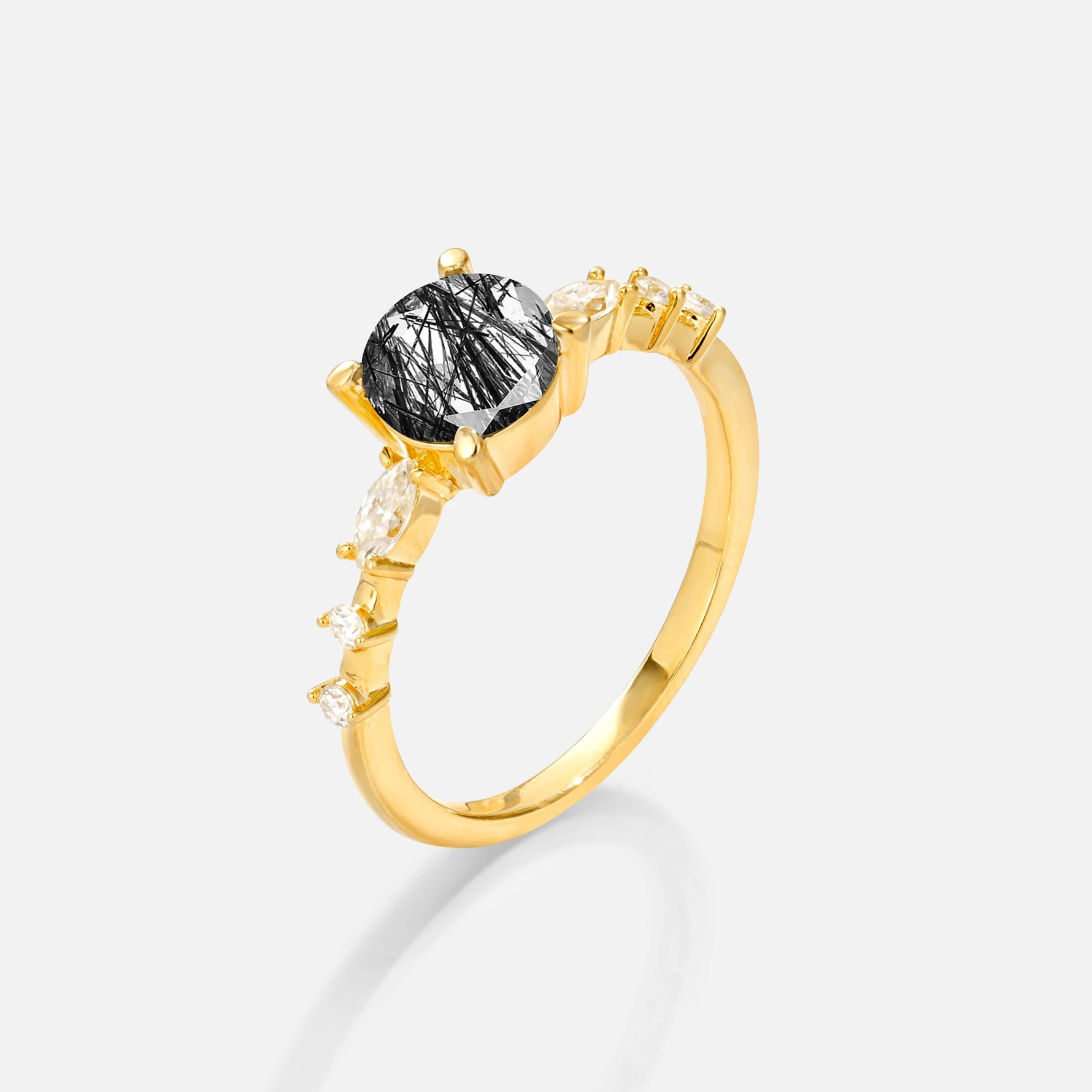 Round Cabochon Black Rutilated Quartz Engagement Ring with Marquise Side Stones - Additional view