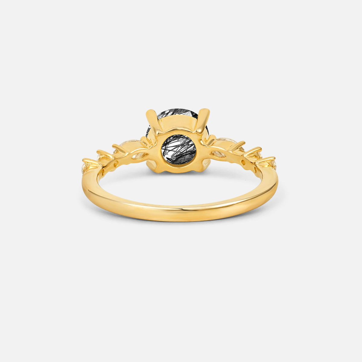 Round Cabochon Black Rutilated Quartz Engagement Ring with Marquise Side Stones - Additional view