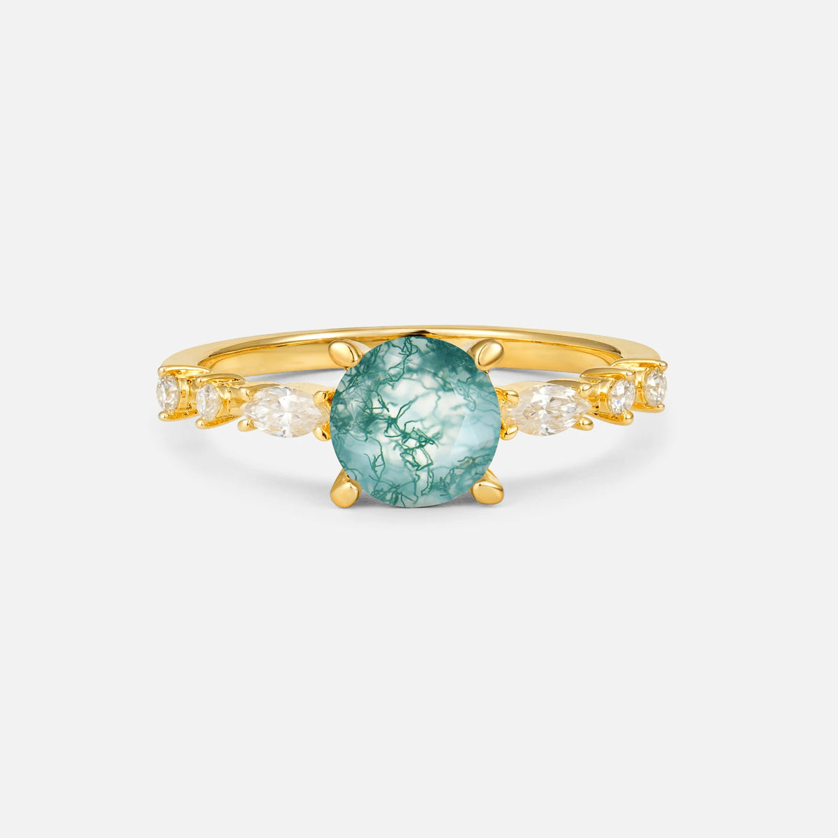 Round Cabochon Moss Agate Engagement Ring with Marquise Side Stones - Additional view