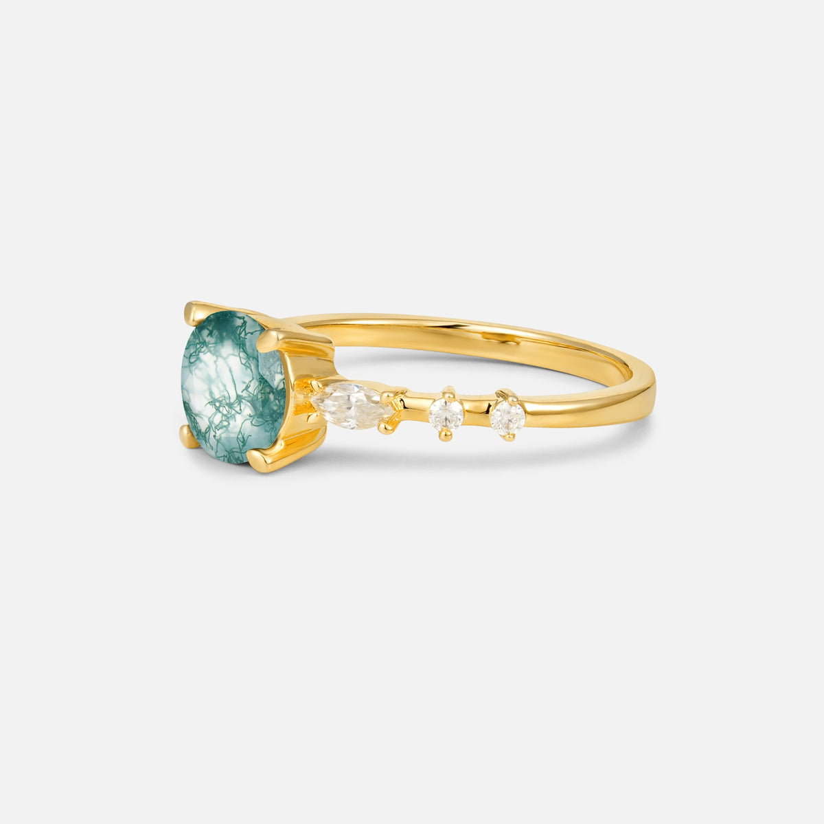 Round Cabochon Moss Agate Engagement Ring with Marquise Side Stones - Additional view