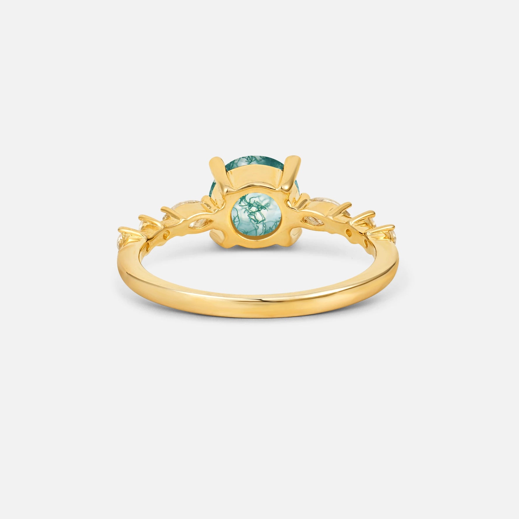 Round Cabochon Moss Agate Engagement Ring with Marquise Side Stones - Additional view