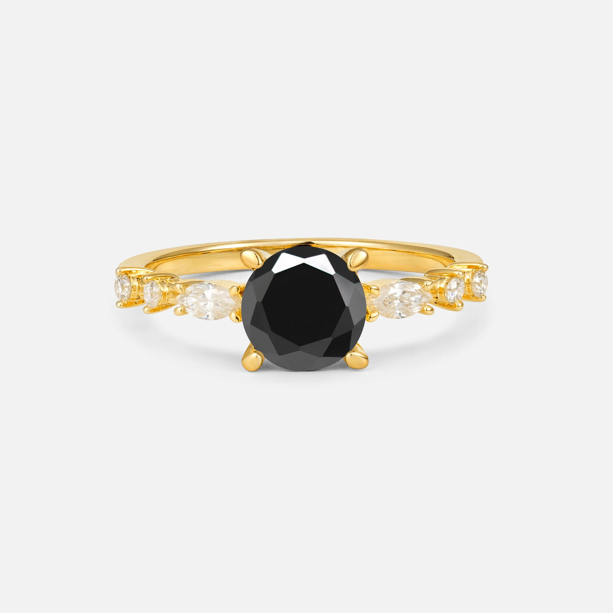 Round Cabochon Black Onyx Engagement Ring with Marquise Side Stones - Additional view