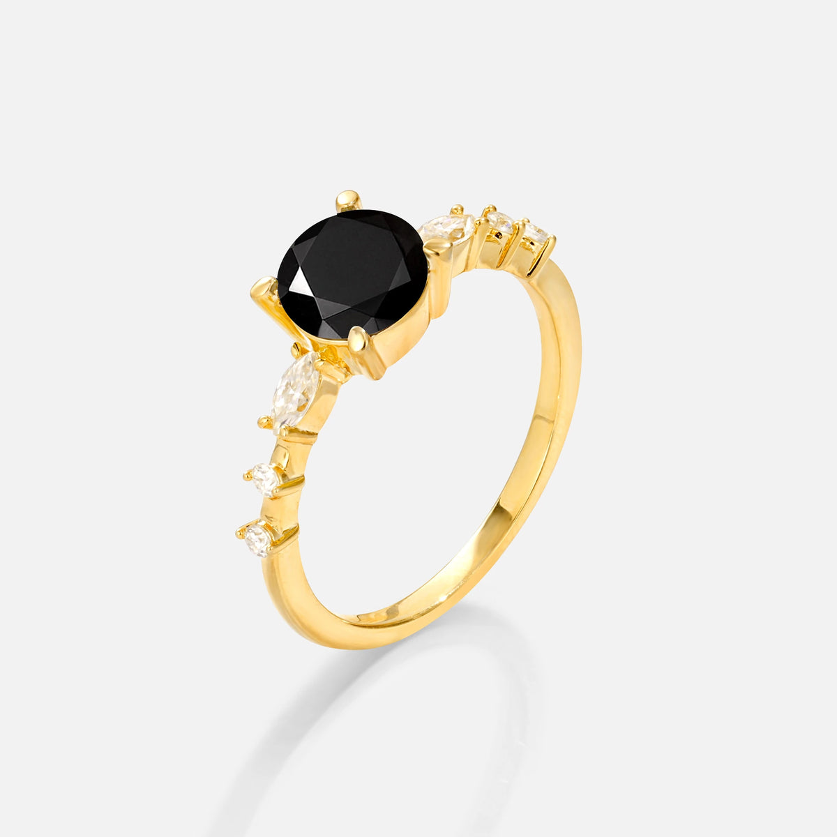 Round Cabochon Black Onyx Engagement Ring with Marquise Side Stones - Additional view