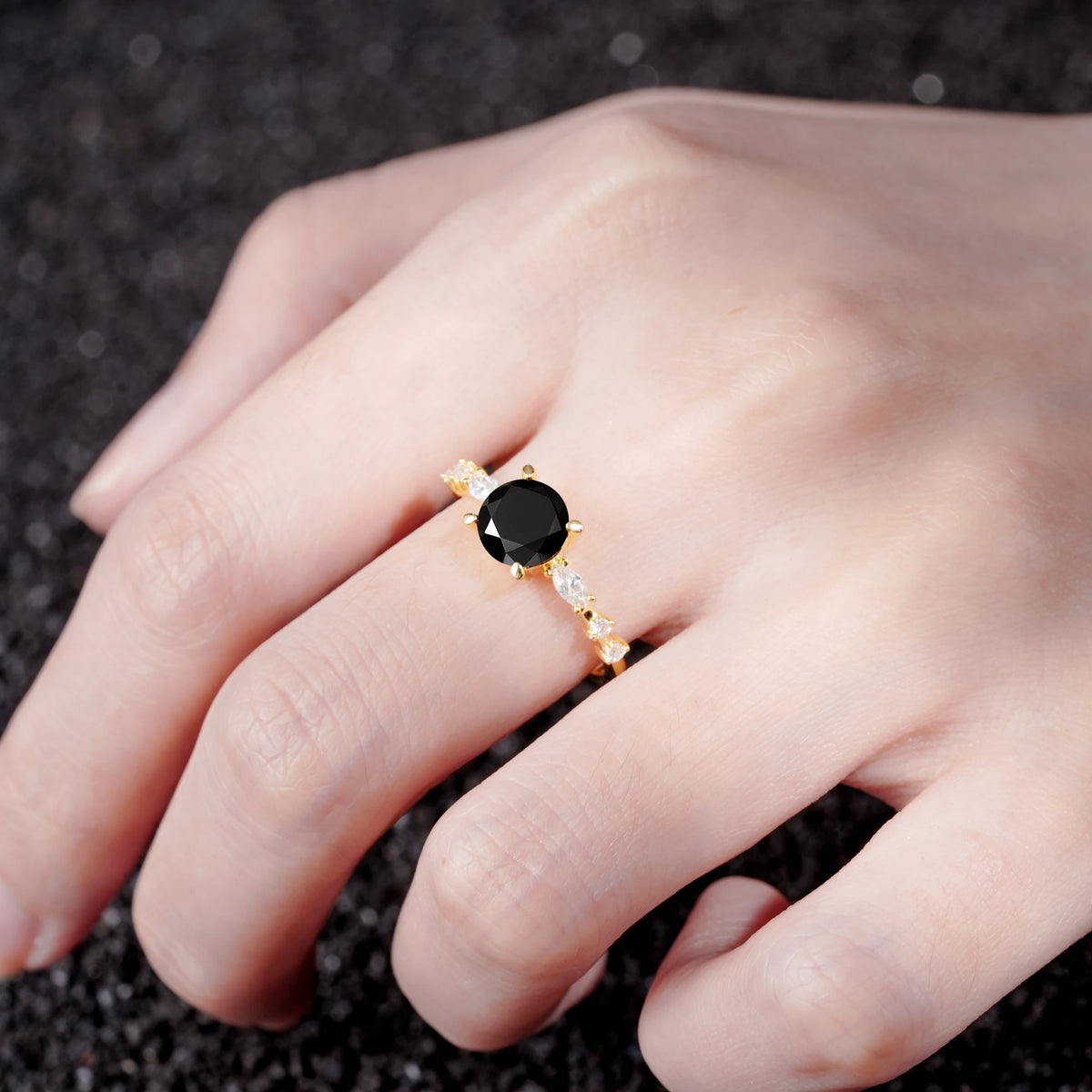 Round Cabochon Black Onyx Engagement Ring with Marquise Side Stones - Additional view