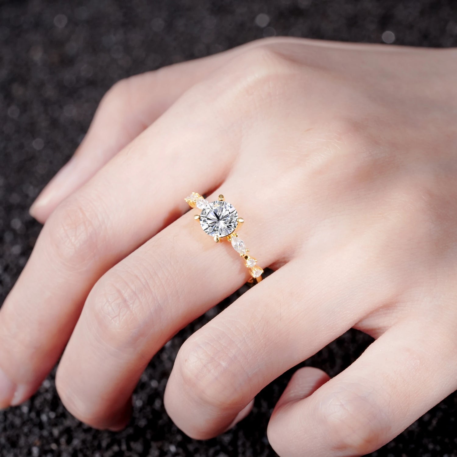Round Cabochon Lab Diamond Engagement Ring with Marquise Side Stones - Additional view