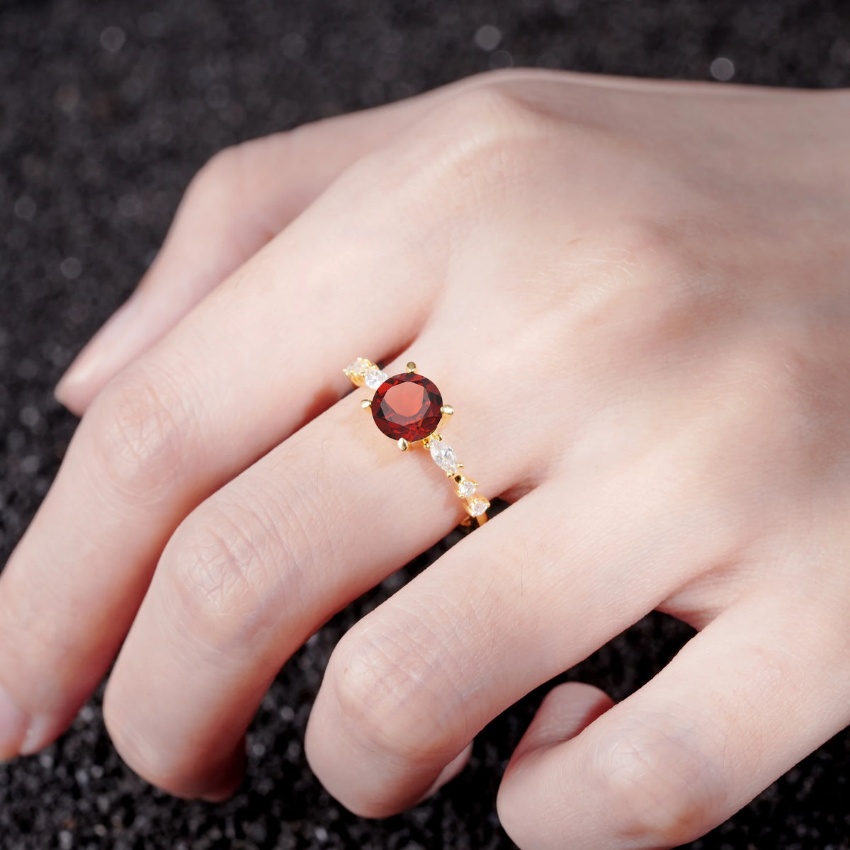 Round Cabochon Garnet Engagement Ring with Marquise Side Stones - Additional view