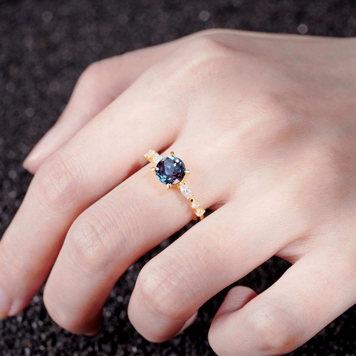Round Cabochon Alexandrite Engagement Ring with Marquise Side Stones - Additional view