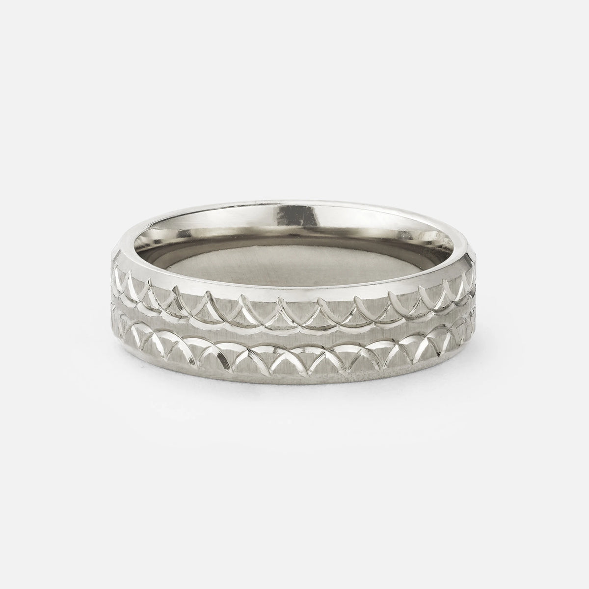 Geometric Engraved Men’s Wedding Band with Polished Center - Additional view