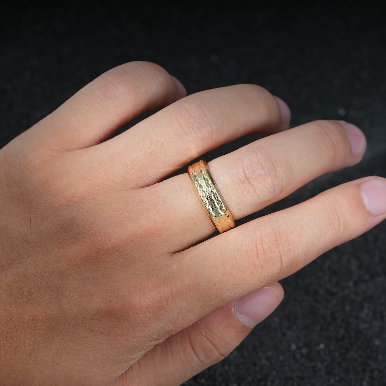 Geometric Engraved Men’s Wedding Band with Polished Center - Additional view