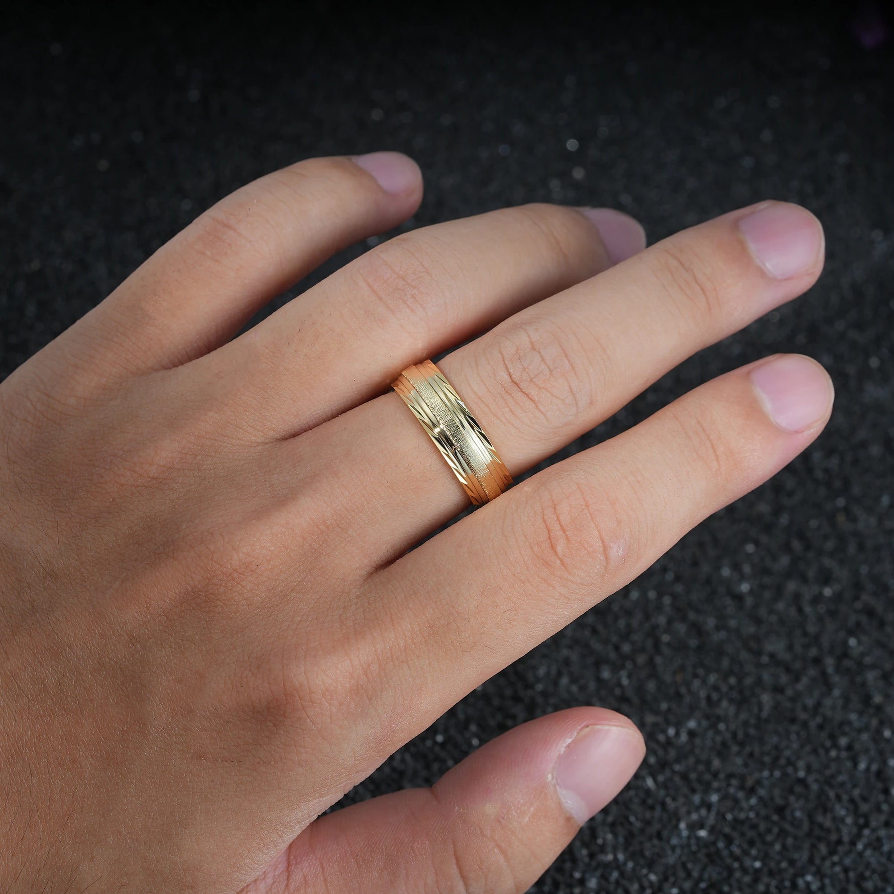 Leaf Engraved Men’s Wedding Band with Brushed Center Detail - Additional view