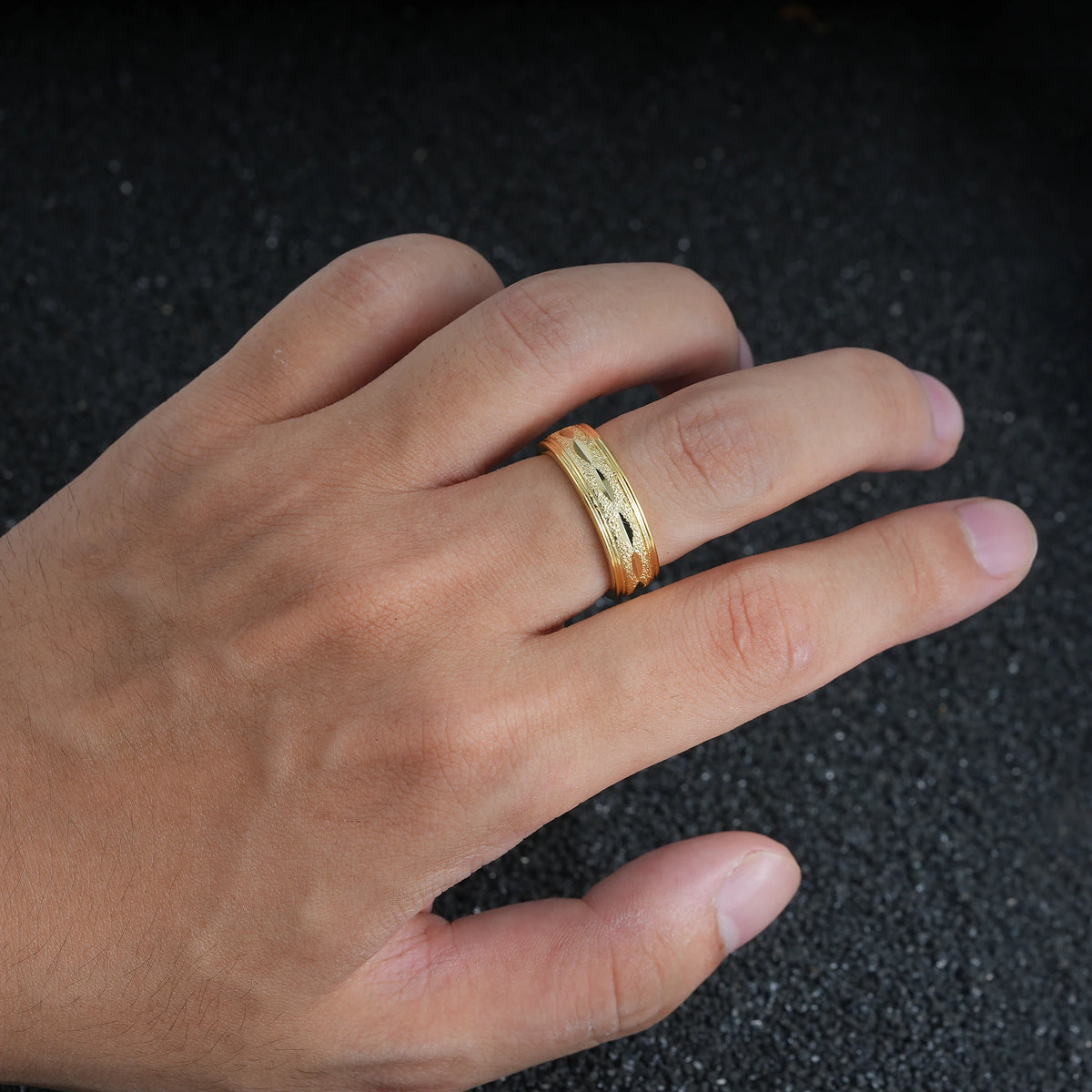 Textured Men’s Wedding Band with Leaf Accent Detail - Additional view