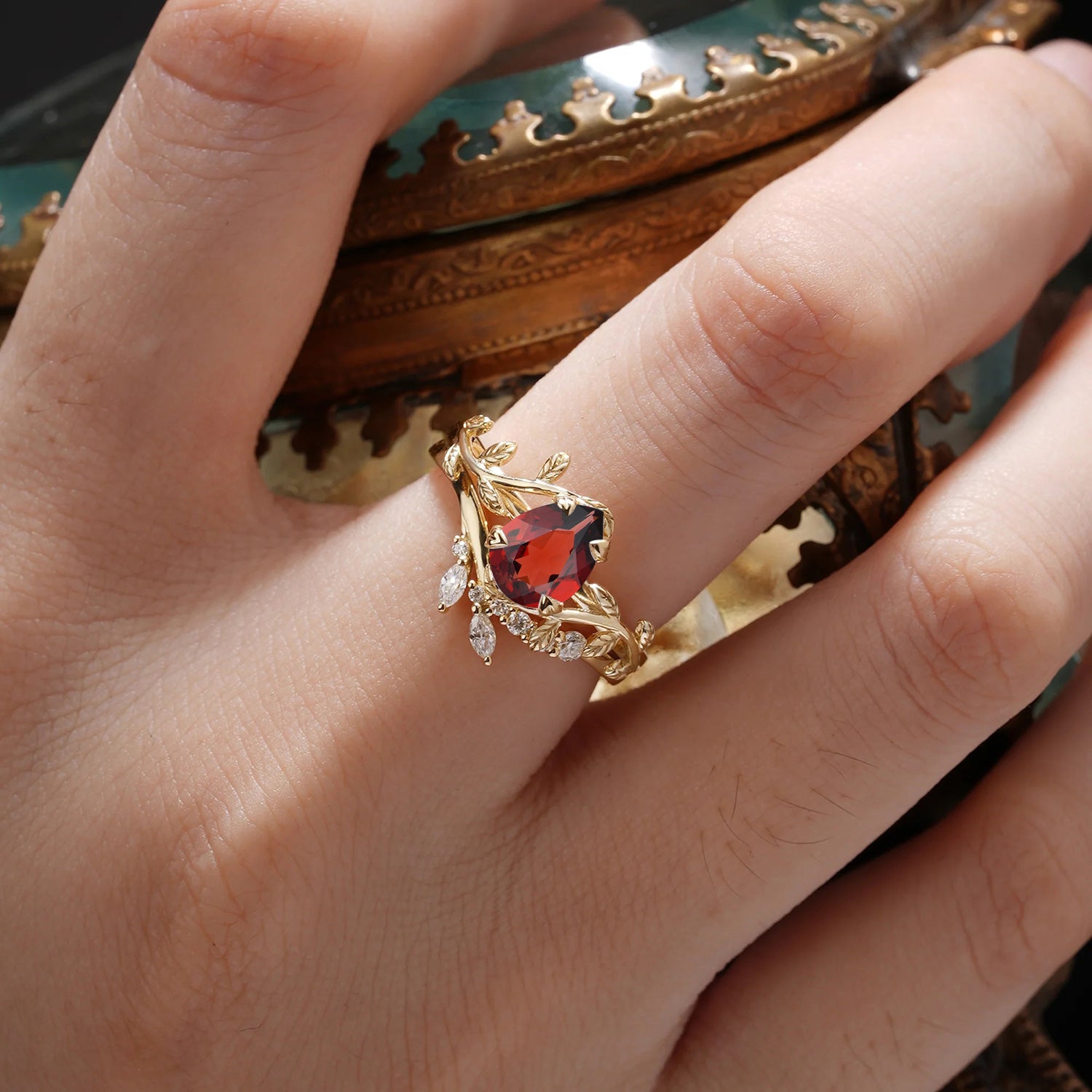 Nature-Inspired Pear Cut Garnet Bridal Ring Set